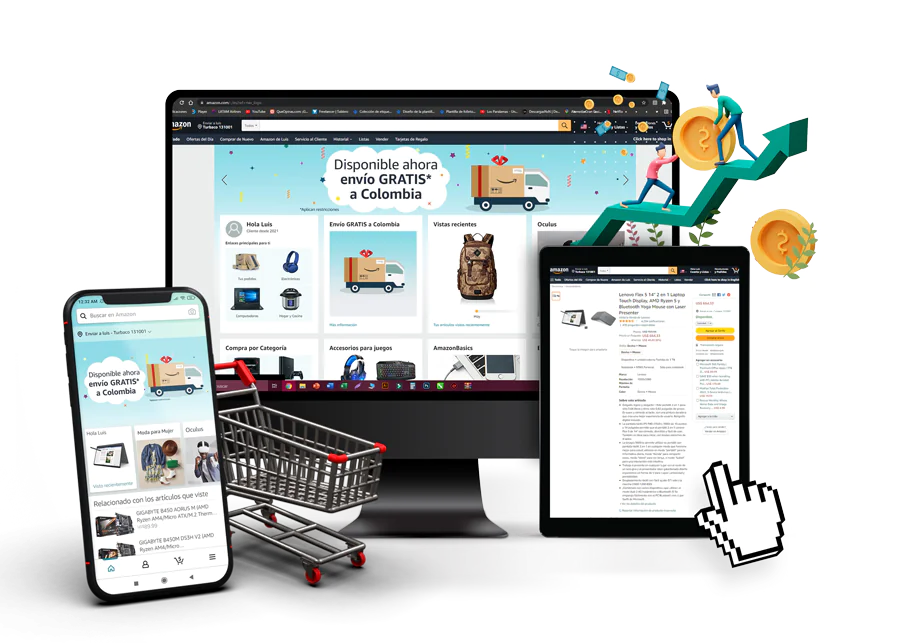 Mockup de tienda online con carrito de compras simbolizando comercio digital OLPA