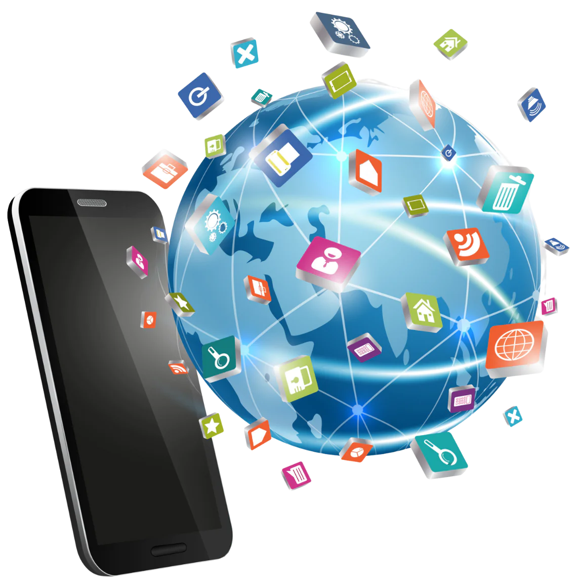 Smartphone junto a un globo terráqueo con iconos de apps para ecosistema móvil OLPA