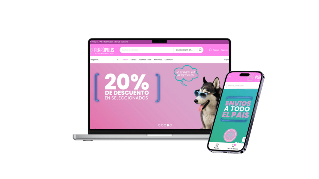 Mockup responsive de tienda online en desktop y móvil para e-commerce OLPA