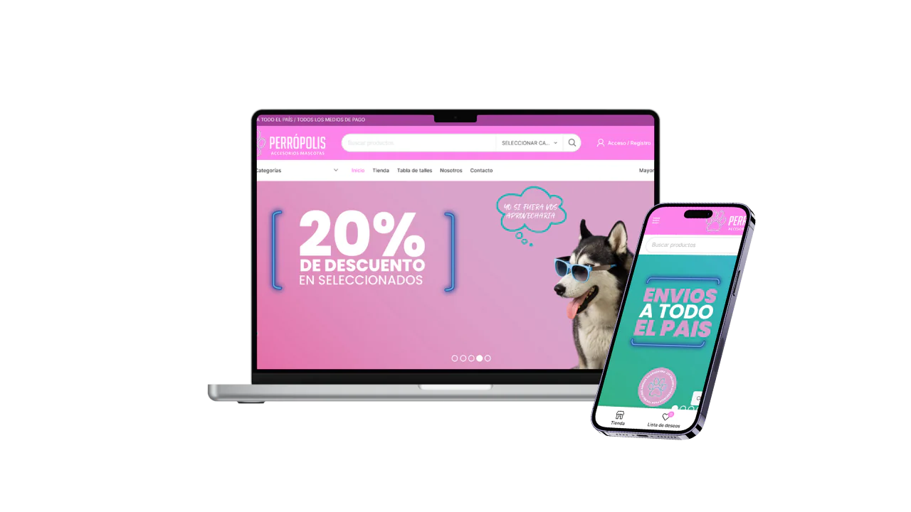 Mockup responsive de tienda online en desktop y móvil para e-commerce OLPA