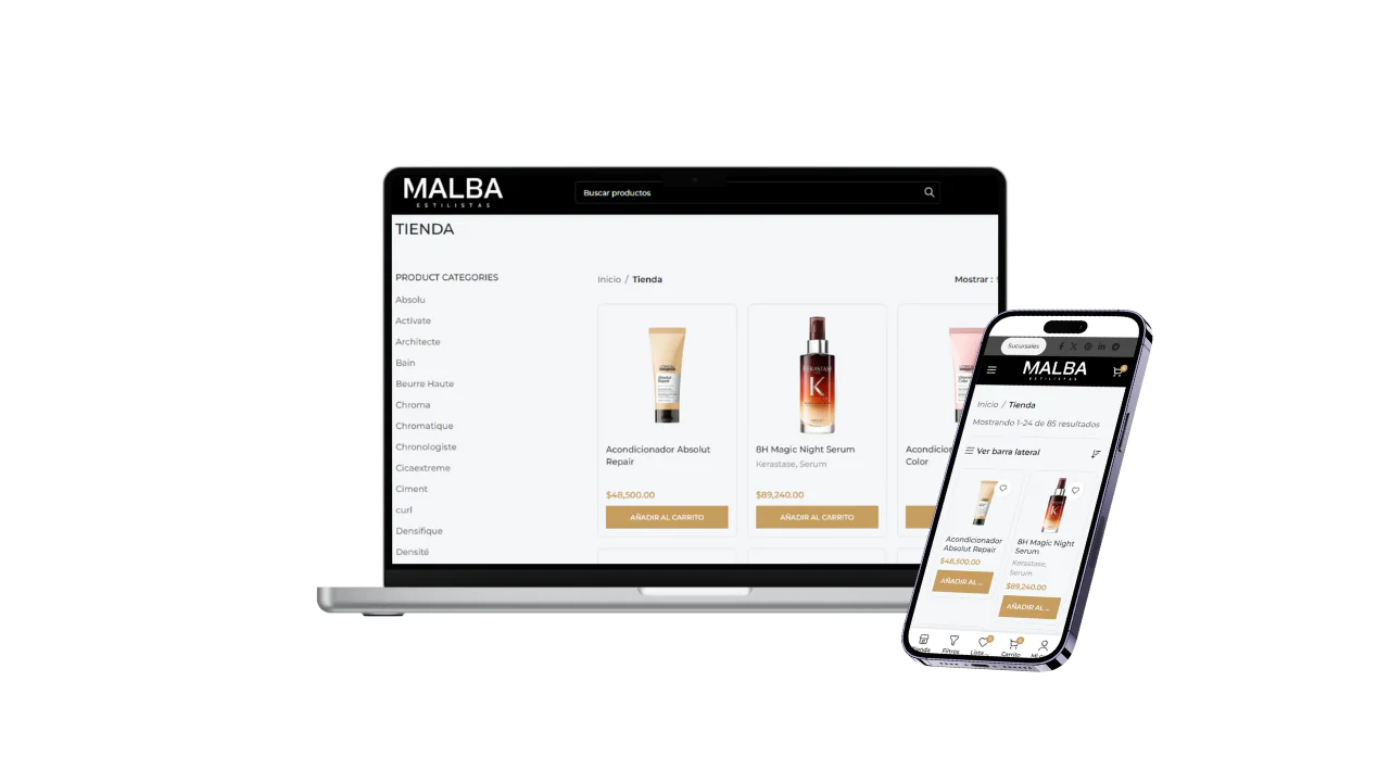 Mockup responsive de tienda online en desktop y móvil para e-commerce OLPA