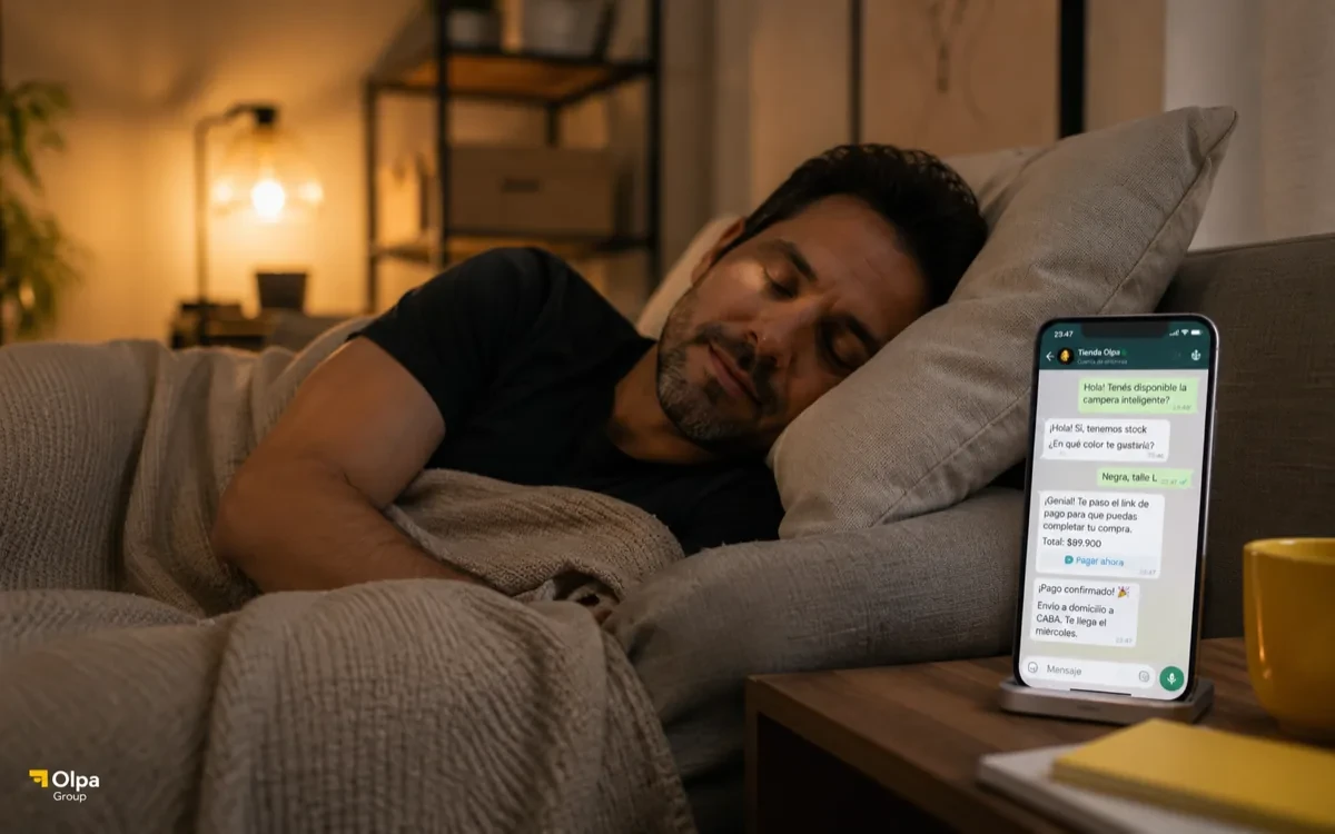 IA + WhatsApp Business: vender mientras dormís (guía AR) — ilustración de Olpa Group