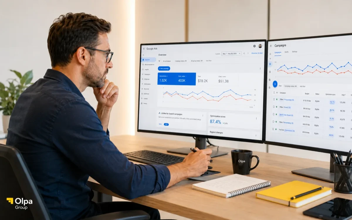 IA en Google Ads 2026: PMax, Smart Bidding y trucos PRO — ilustración de Olpa Group