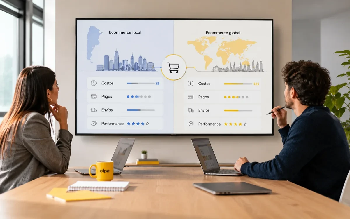 Tiendanube vs Shopify: cuál conviene en Argentina 2026 — ilustración de Olpa Group
