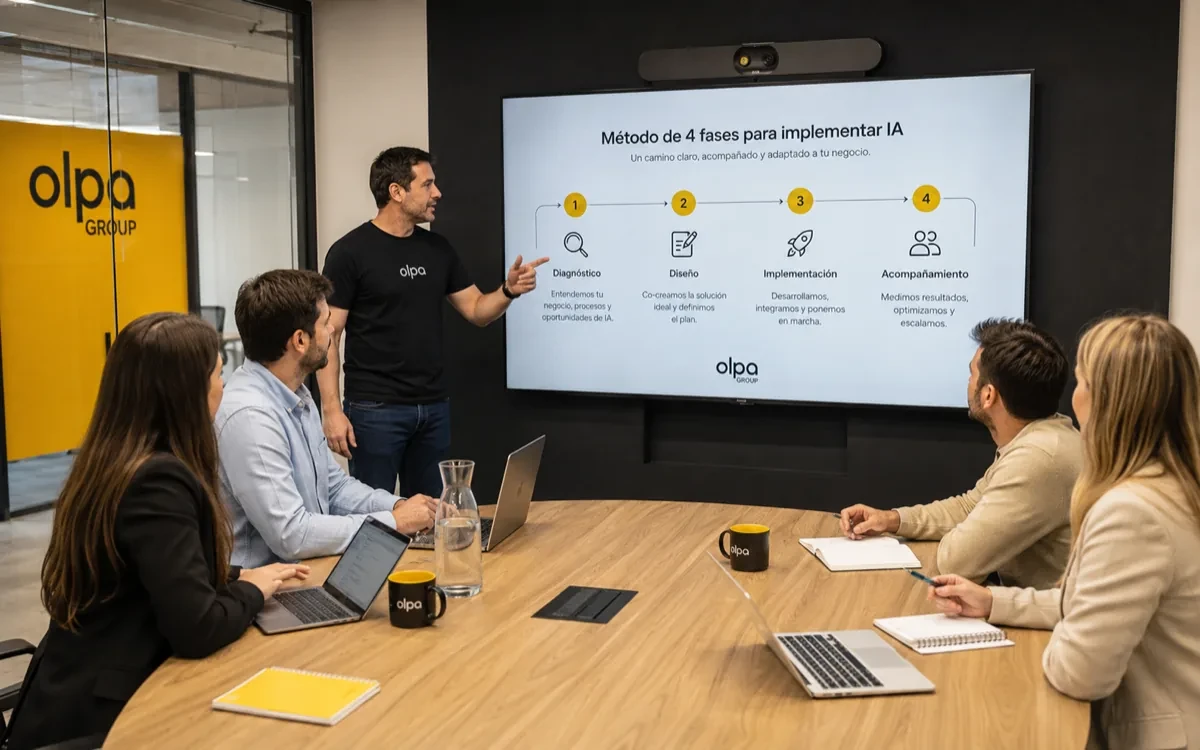 Cómo implementar IA en una PyME: método de 4 fases — ilustración de Olpa Group