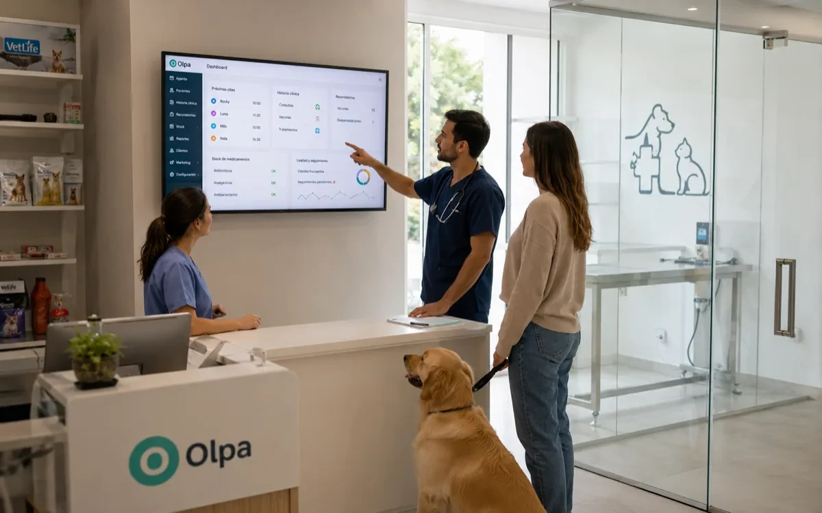 Cómo elegir el sistema ideal para una veterinaria 2026 — ilustración de Olpa Group