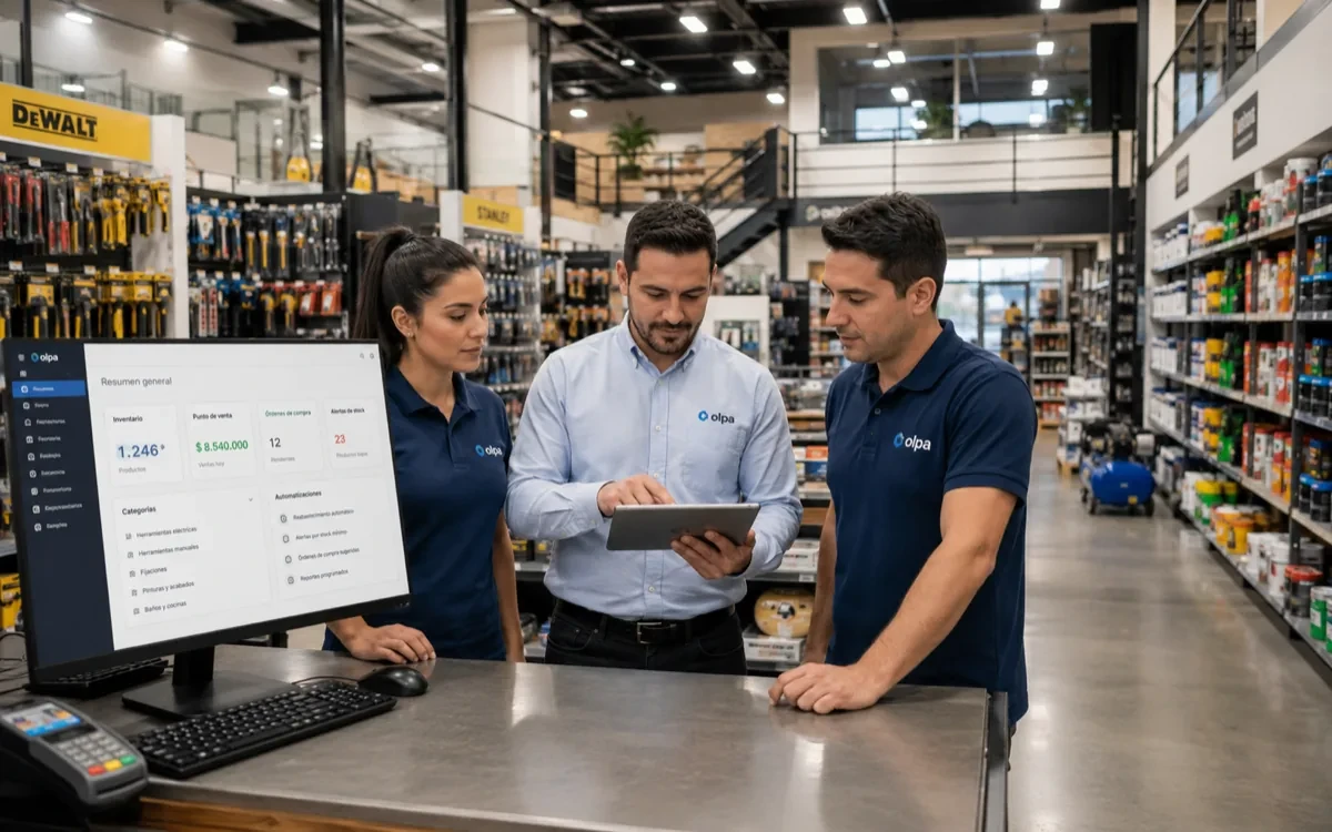 Sistema para ferretería o retail: cómo elegir bien 2026 — ilustración de Olpa Group
