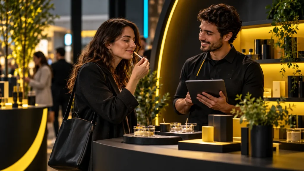 Persona adulta probando un producto en un espacio comercial con un asistente y una tablet