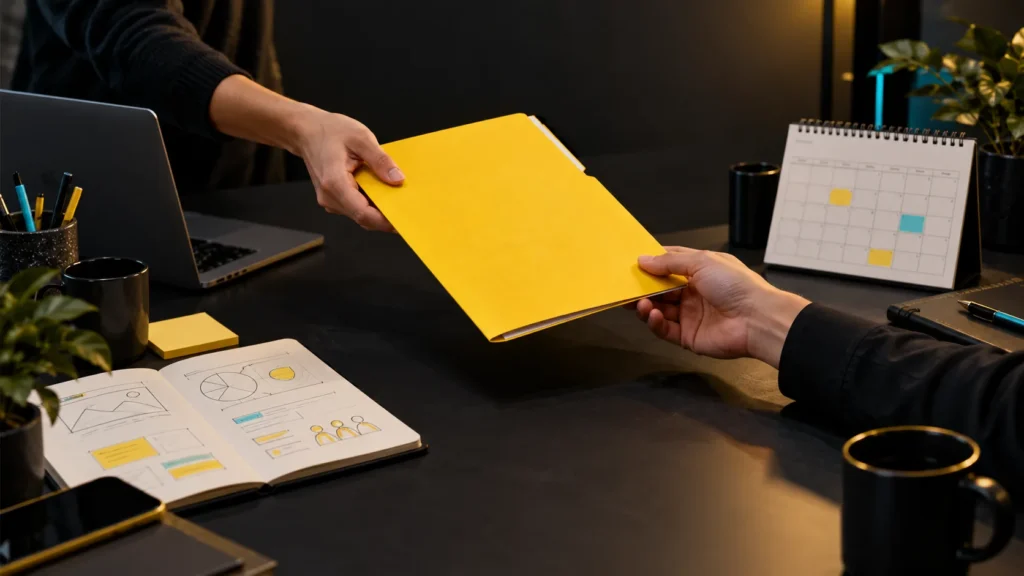 Dos personas intercambiando una carpeta amarilla sobre una mesa de trabajo