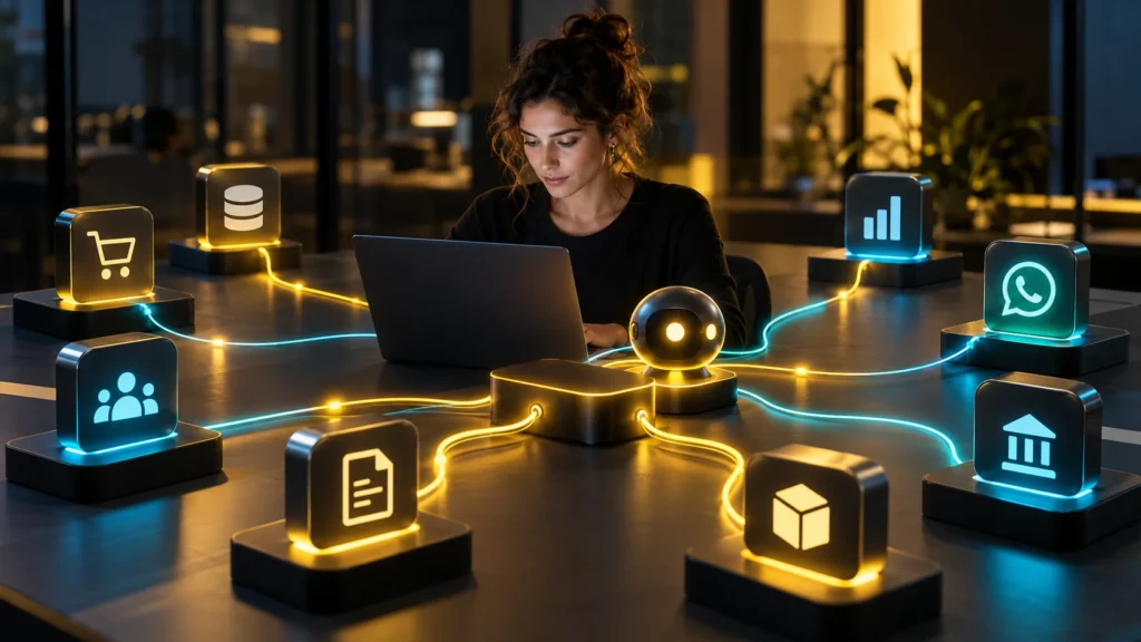 Una persona trabaja ante una red de módulos de ventas, documentos, datos, stock y mensajería conectados
