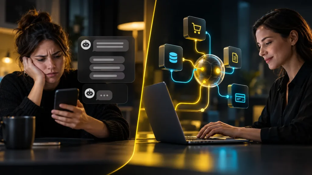 Dos escenas contrastan una conversación de chat en un teléfono con una persona trabajando junto a módulos de datos y acciones
