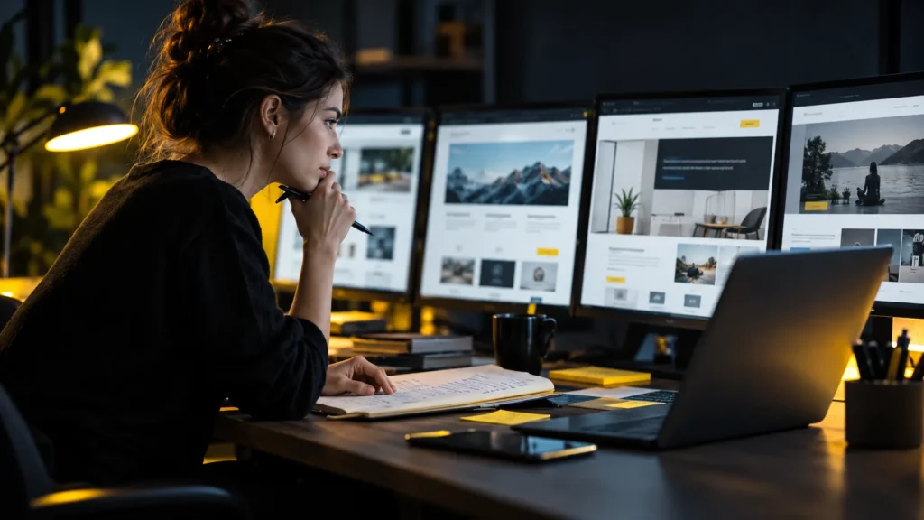 Una persona toma notas mientras compara distintas páginas web en varias pantallas