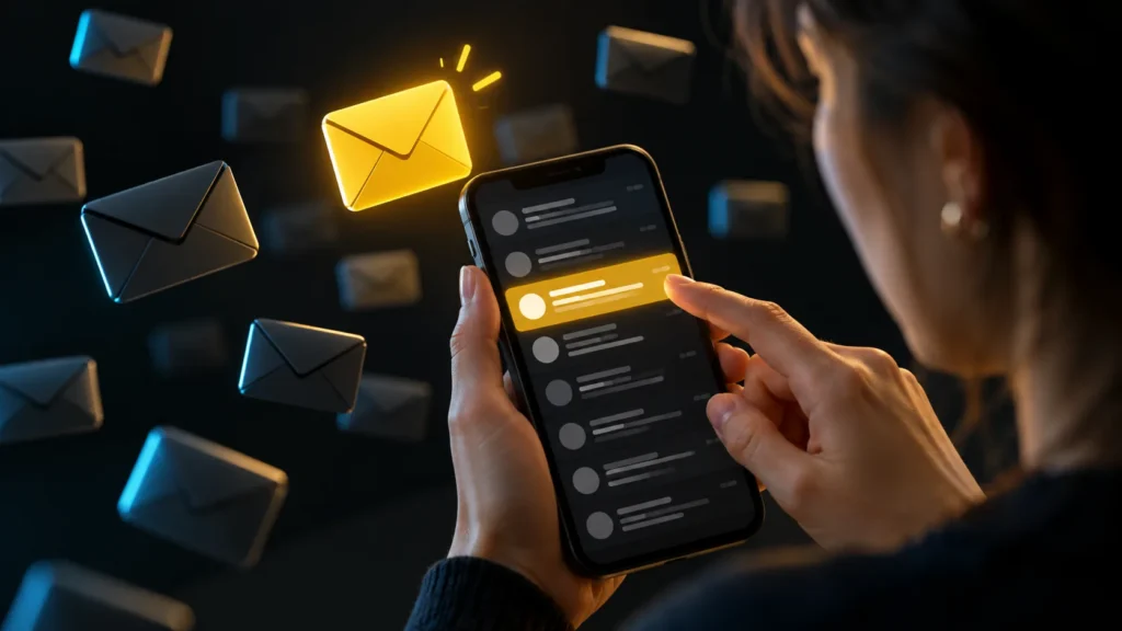 Una persona selecciona un correo resaltado en amarillo en su teléfono, rodeado de sobres conceptuales