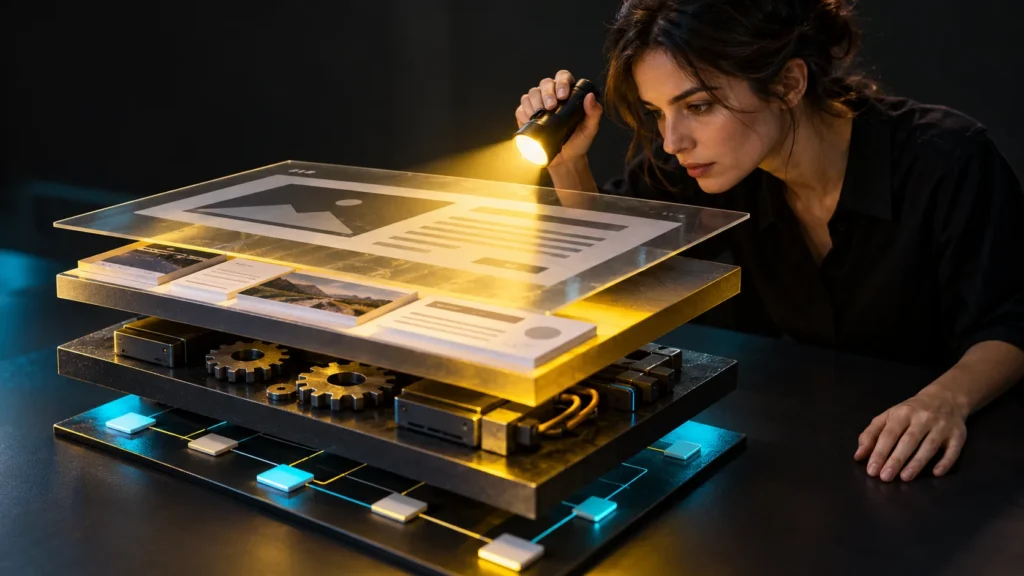 Una persona ilumina una maqueta de capas de contenido, engranajes y conexiones de una página web
