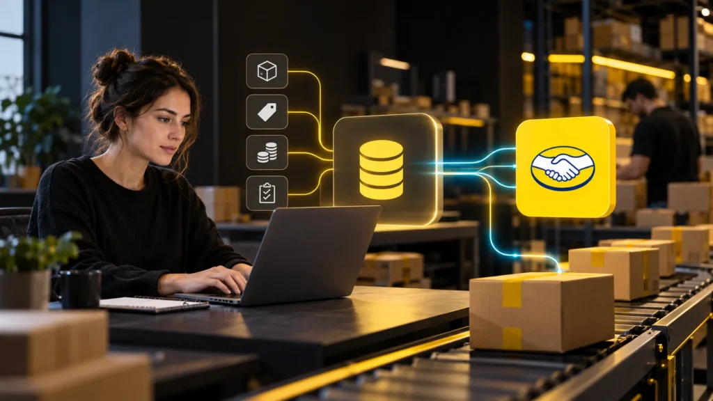Una persona trabaja en una computadora junto a paquetes y símbolos conectados de inventario y comercio