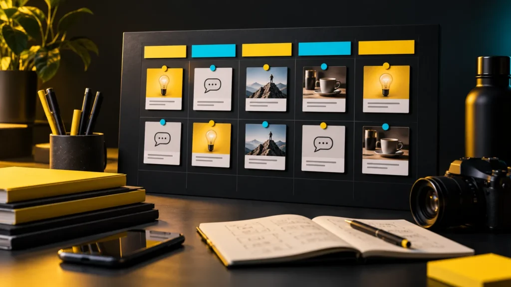 Un tablero de tarjetas con ideas, imágenes y conversaciones junto a un cuaderno y una cámara