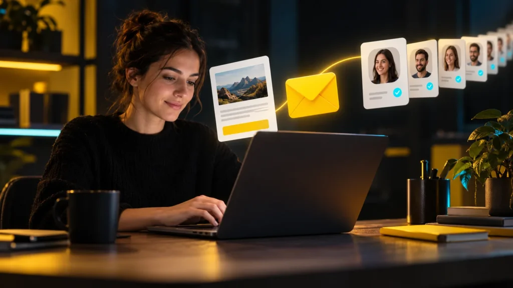 Una persona usa una computadora junto a una página de registro, un sobre y fichas de contactos con marcas de confirmación