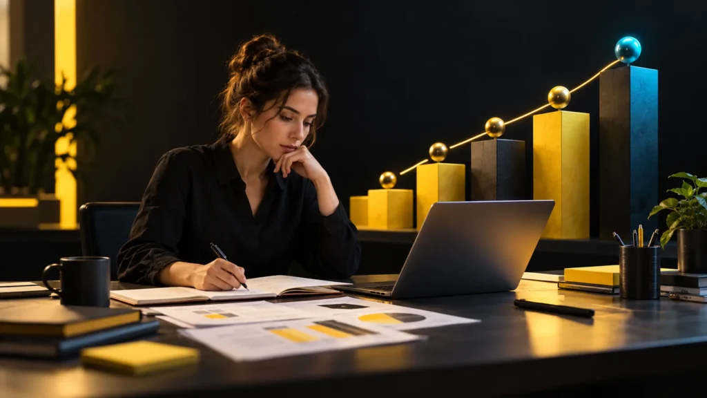 Una persona revisa documentos junto a una computadora y una secuencia conceptual de bloques de inversión