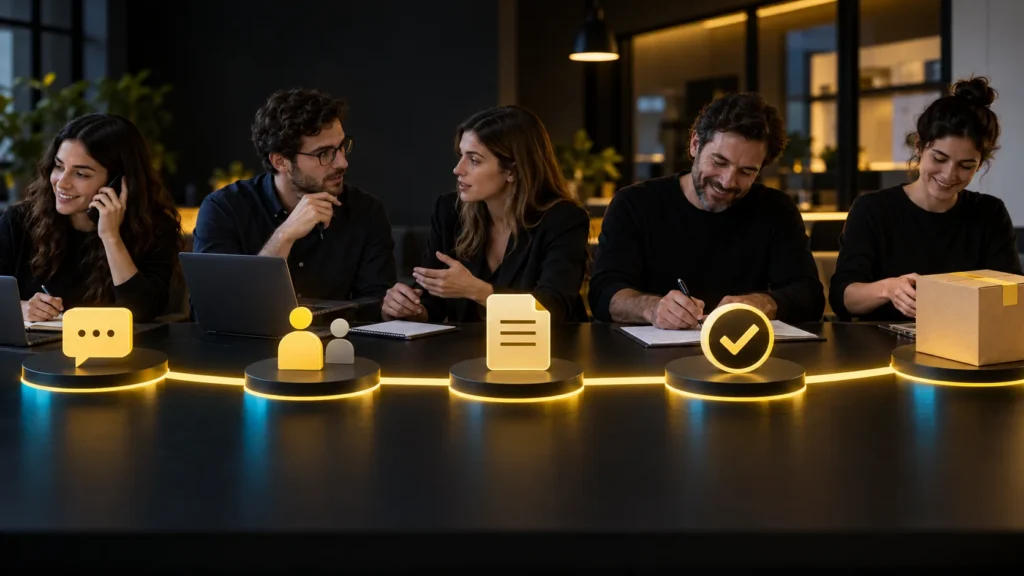 Un equipo representa etapas de conversación, calificación, documentación, confirmación y preparación de un paquete