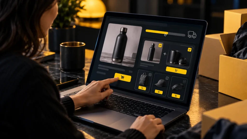 Una persona consulta una tienda online con una botella y accesorios agrupados en la pantalla