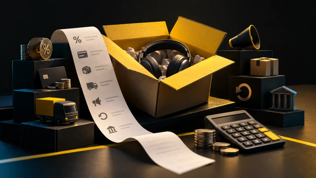 Caja de envío amarilla junto a una calculadora, monedas y una tira de comprobantes sobre una mesa oscura
