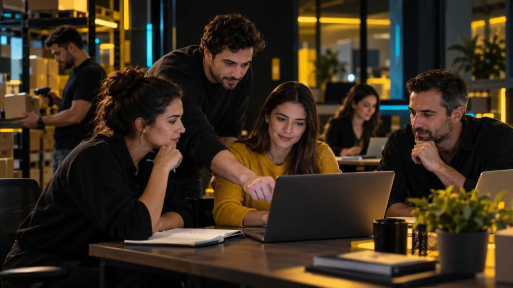 Un instructor acompaña a un grupo de personas que practica en computadoras y toma notas