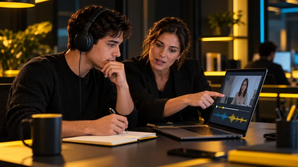 Una persona con auriculares recibe orientación de una compañera mientras revisa una conversación en una computadora