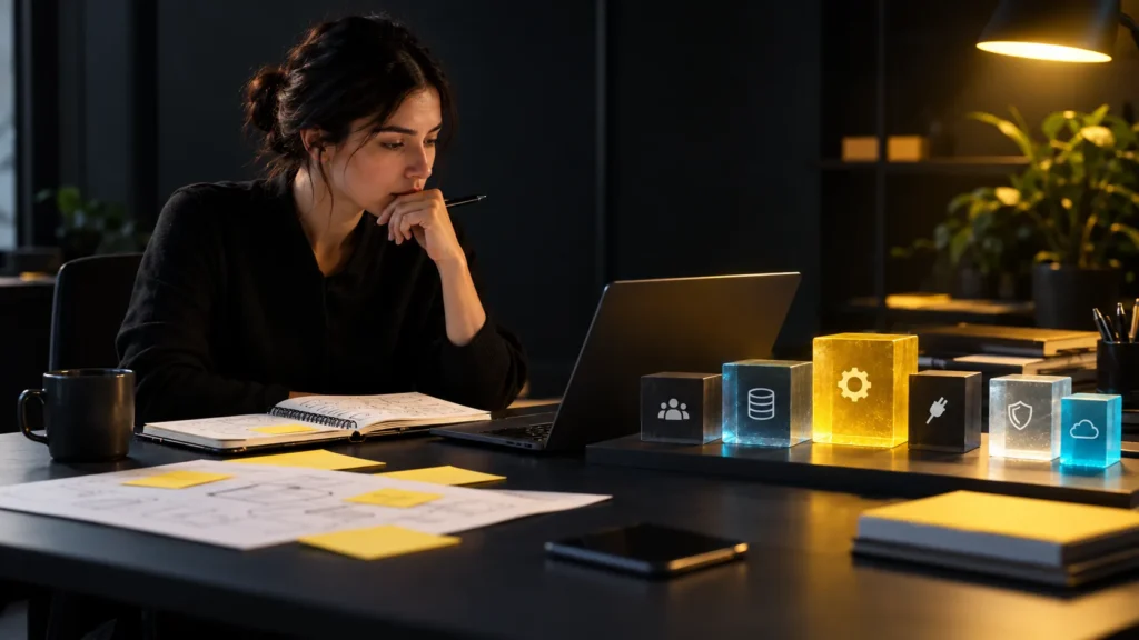 Una persona compara notas junto a una computadora y módulos de datos, configuración y seguridad