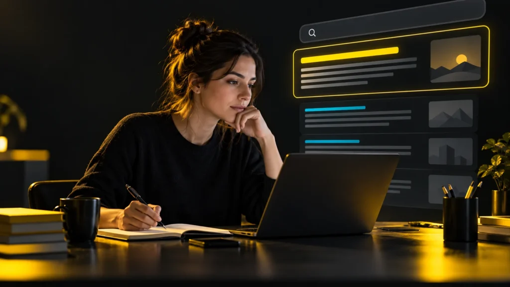 Una persona escribe en una computadora junto a una representación de resultados de búsqueda