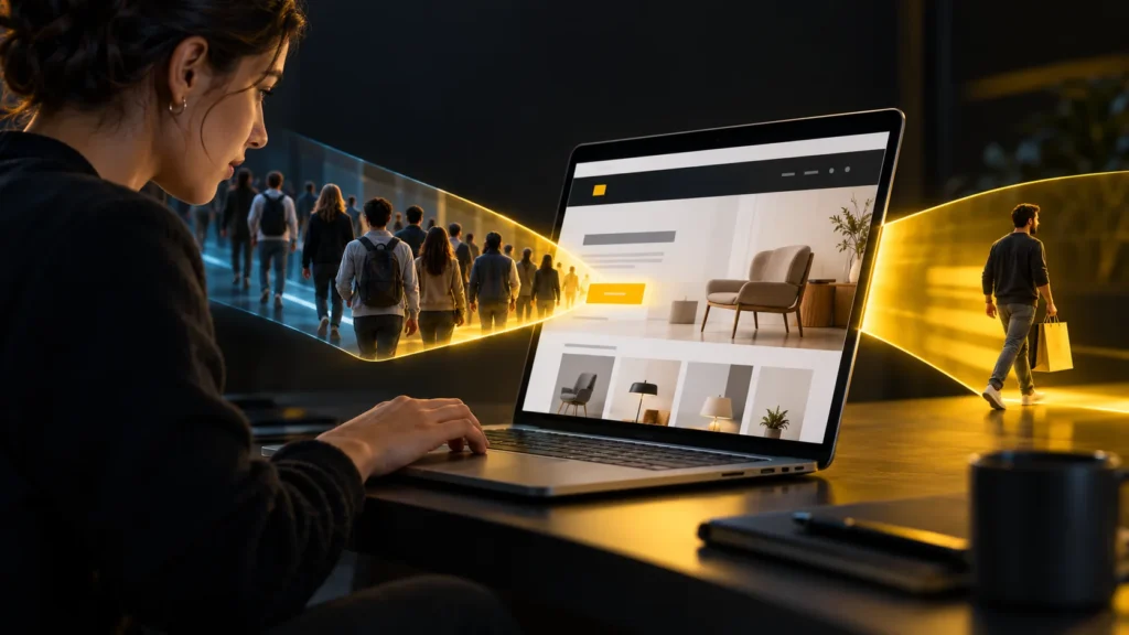 Una persona observa una página web entre un recorrido de visitantes y una figura con una bolsa de compra