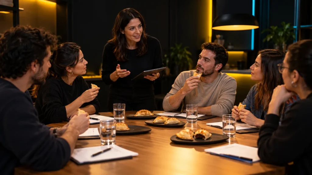 Un grupo de personas conversa y prueba alimentos alrededor de una mesa, con una moderadora y cuadernos de notas