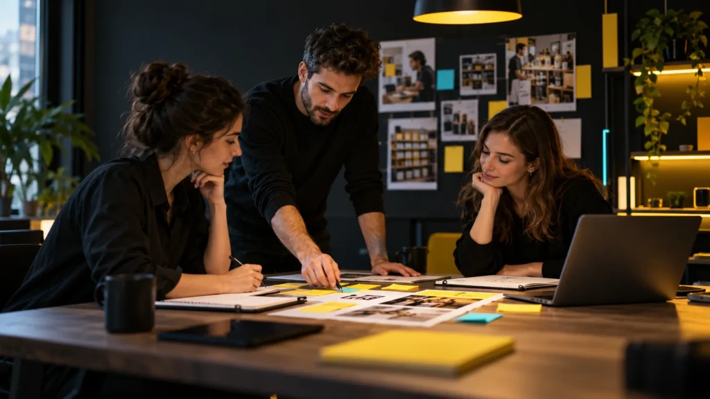Tres personas organizan fotografías, documentos y notas de colores junto a una computadora