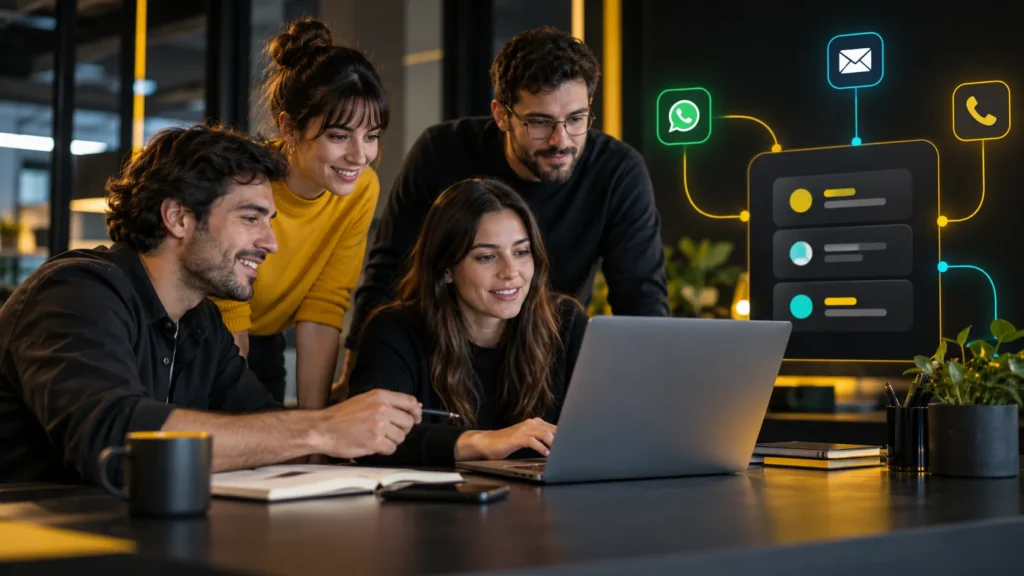 Cuatro personas practican en una computadora junto a un tablero ilustrativo conectado con mensajes y llamadas