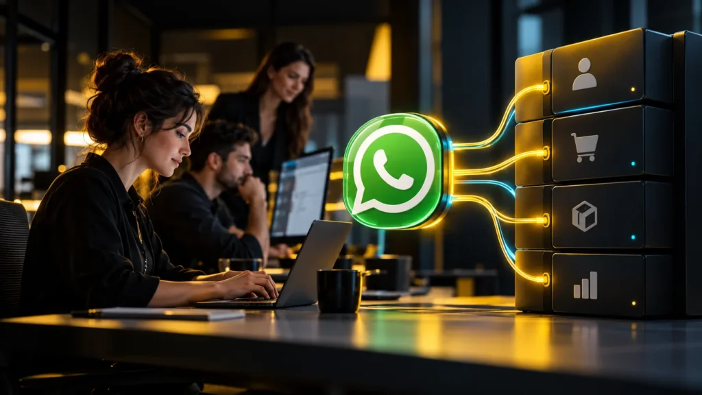 Un equipo trabaja frente a computadoras junto a un símbolo de WhatsApp conectado a módulos de gestión