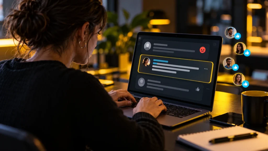 Una persona revisa comentarios en una computadora junto a representaciones de perfiles y reacciones