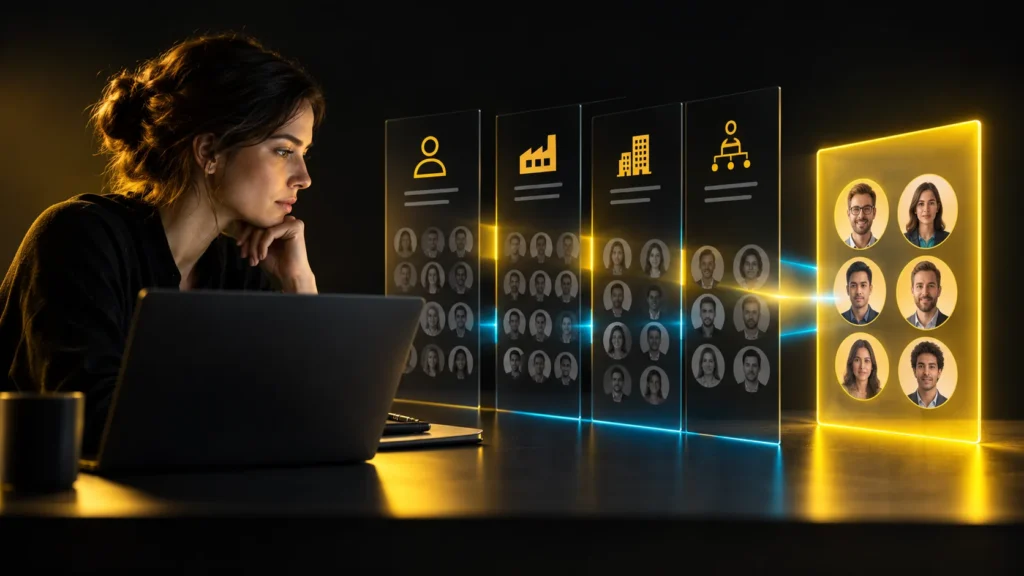 Una persona revisa filtros conceptuales de perfiles, industria, empresas y jerarquía junto a una computadora