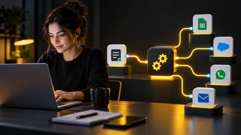 Una persona trabaja en una computadora junto a módulos conectados de formularios, datos, CRM, mensajería y correo