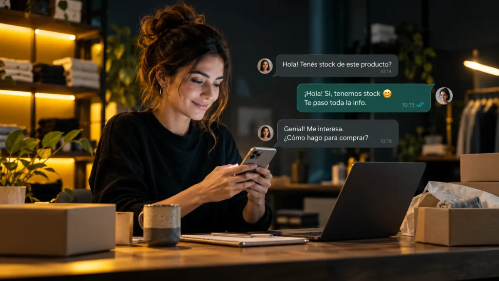 Una persona usa su teléfono junto a paquetes y una representación de mensajes sobre una consulta de producto