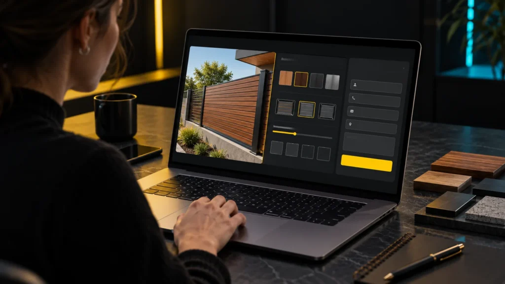 Una persona usa una computadora con una herramienta ilustrativa para elegir materiales, medidas y opciones de un producto