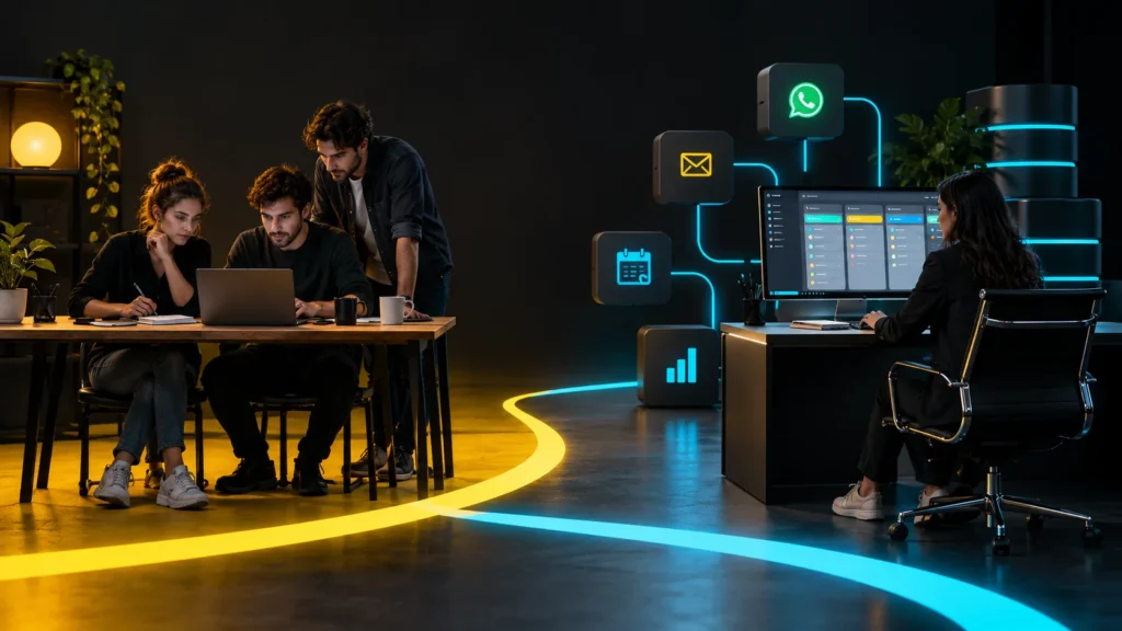Un pequeño equipo con una computadora comparte la escena con un puesto conectado a correo, mensajes, calendario y datos