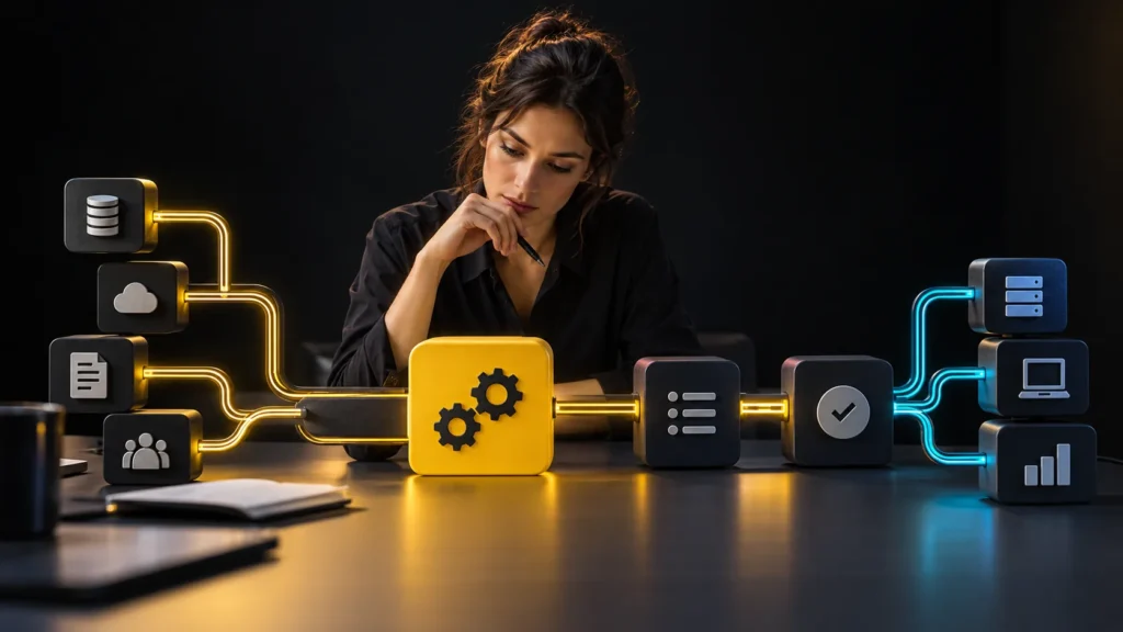 Una persona analiza módulos conectados de datos, documentos, tareas, controles y sistemas