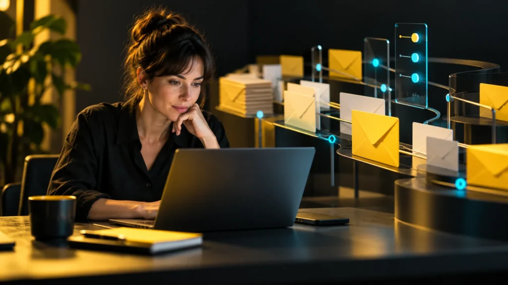 Una persona usa una computadora junto a sobres y puntos de una secuencia de comunicación
