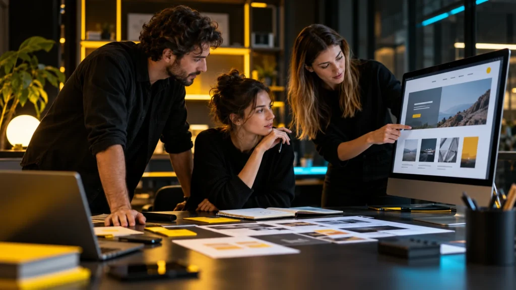 Tres personas revisan diseños impresos y una página en una pantalla de escritorio