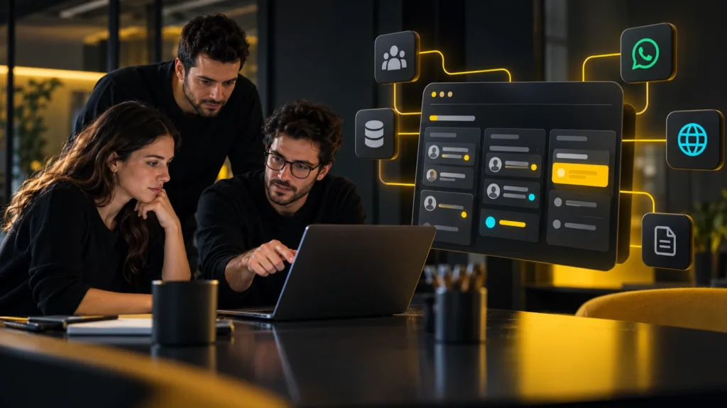 Tres personas analizan una computadora junto a un tablero de oportunidades conectado con mensajes, web y documentos