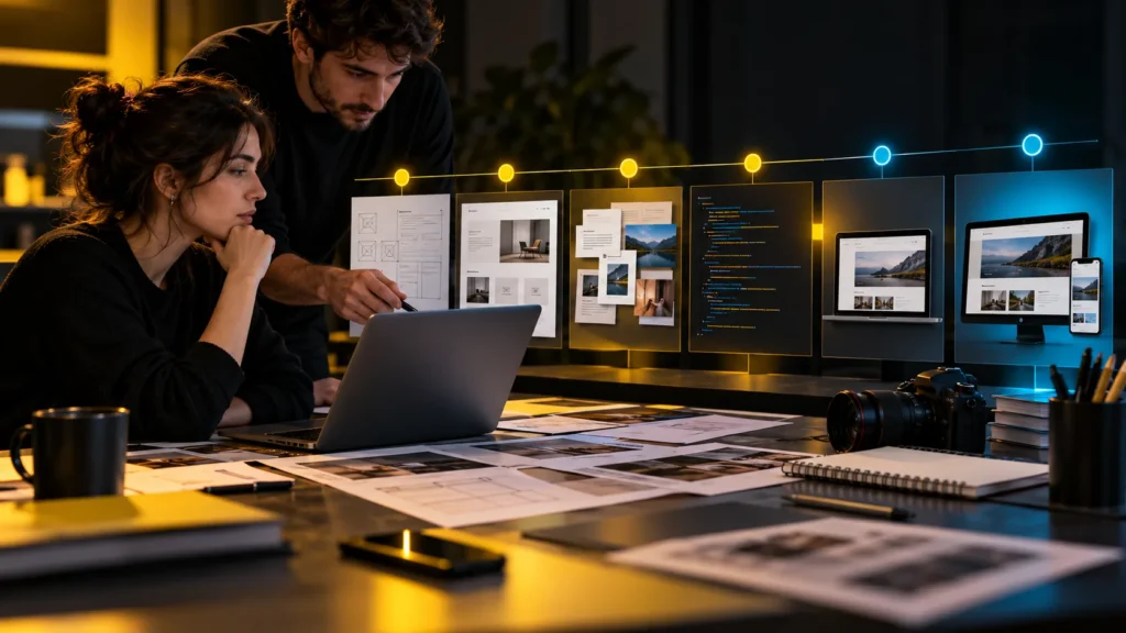 Dos personas revisan piezas de diseño ante una secuencia de bocetos, páginas, código y dispositivos