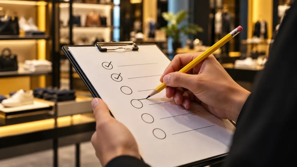 Cuaderno de evaluación con casilleros sin palabras legibles y elementos amarillos sobre una mesa oscura