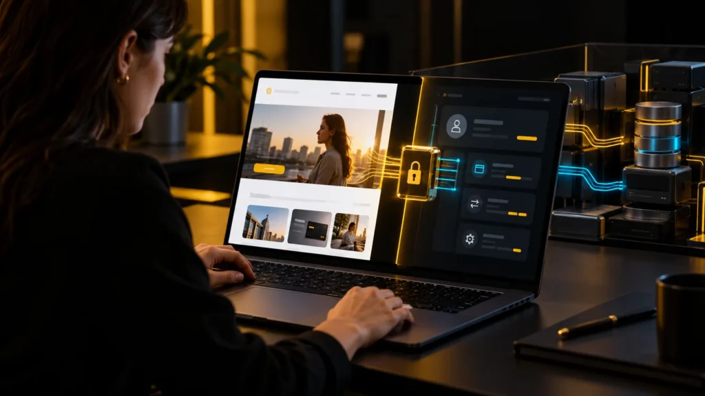 Una persona consulta una computadora con una web empresarial, una tableta y símbolos de acceso y datos