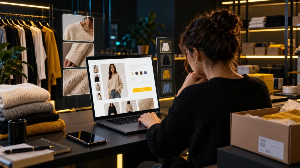 Una persona revisa una ficha de ropa online junto a prendas, tejidos y paquetes