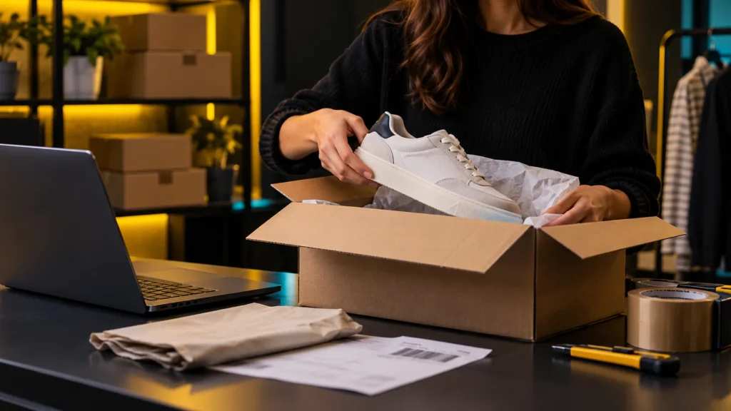 Una persona sostiene una zapatilla sobre una caja de envío abierta junto a una computadora y documentación