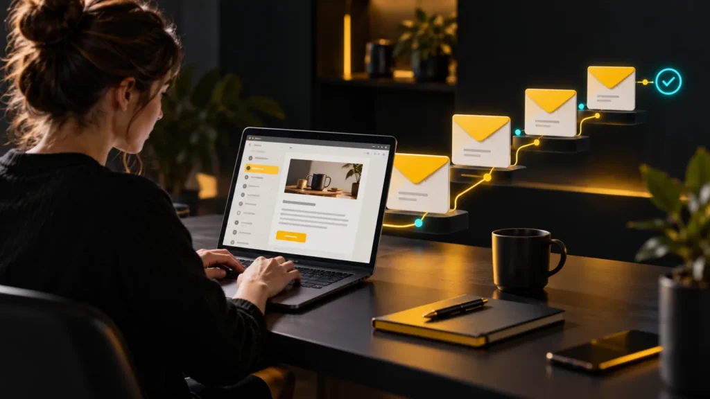 Una persona edita un correo junto a una secuencia de sobres conectados y una marca de verificación